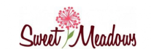 Sweet Meadows logo with burgundy script and pink floral design