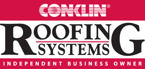 A red and white logo for conklin roofing systems