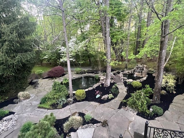 There is a pond in the middle of the garden surrounded by trees.