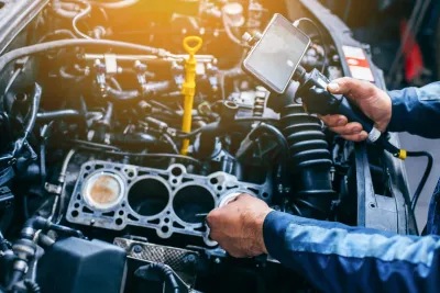 A man is working on a car engine with a camera.