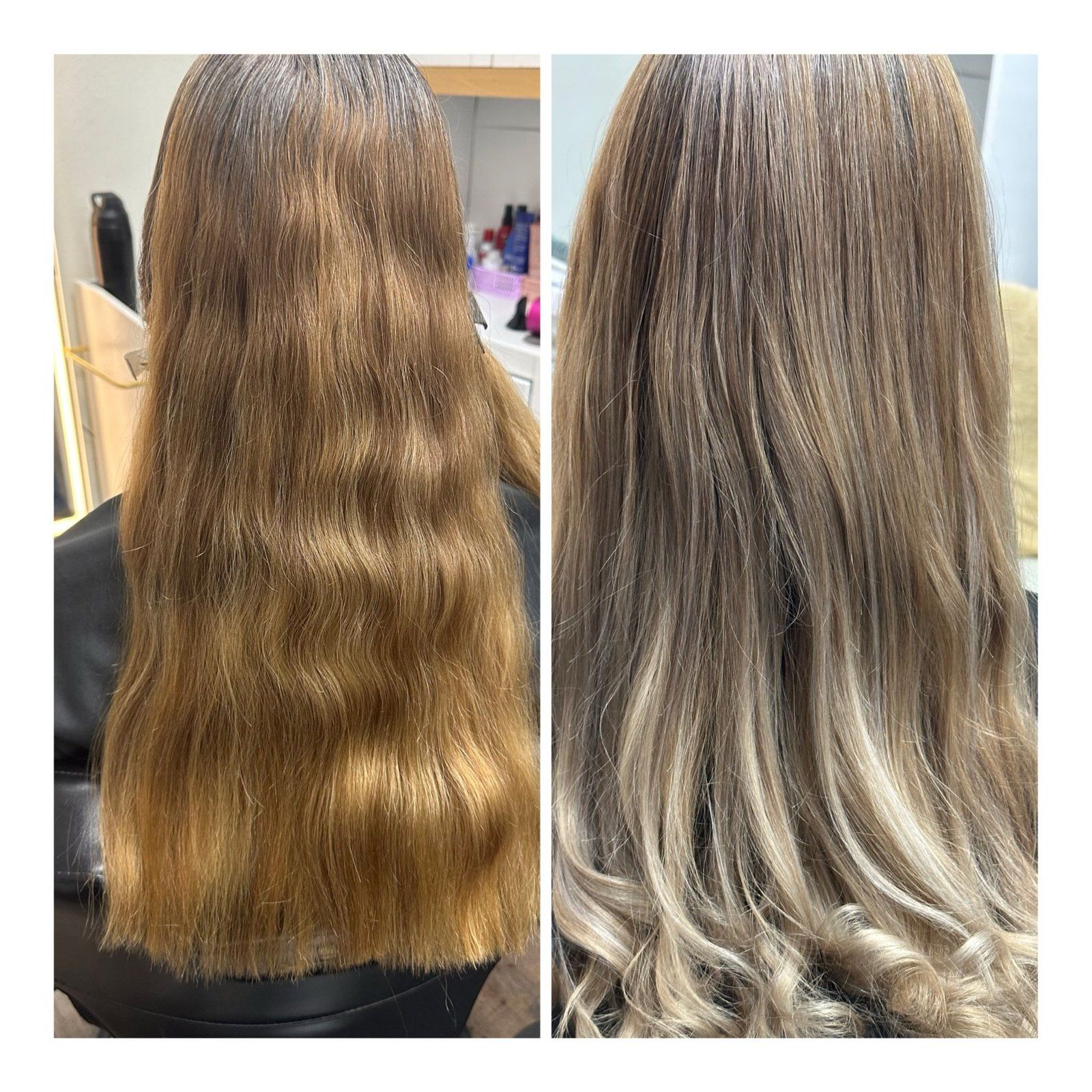 Before and after hair transformation. The before is brown, and the after is light brown with blonde highlights.
