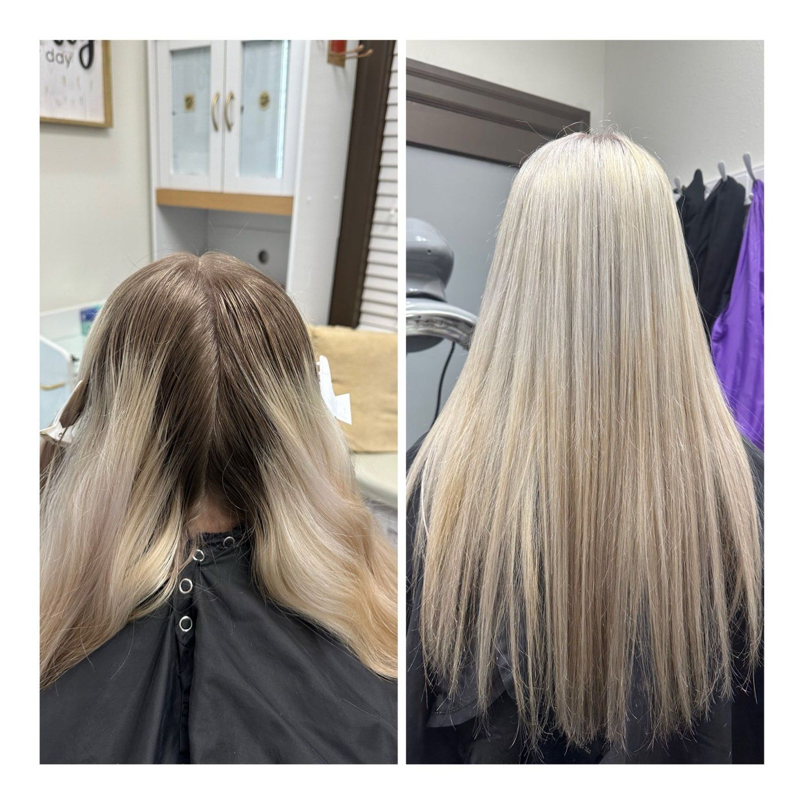 Before and after view of hair being bleached and toned, going from dark roots to platinum blonde.