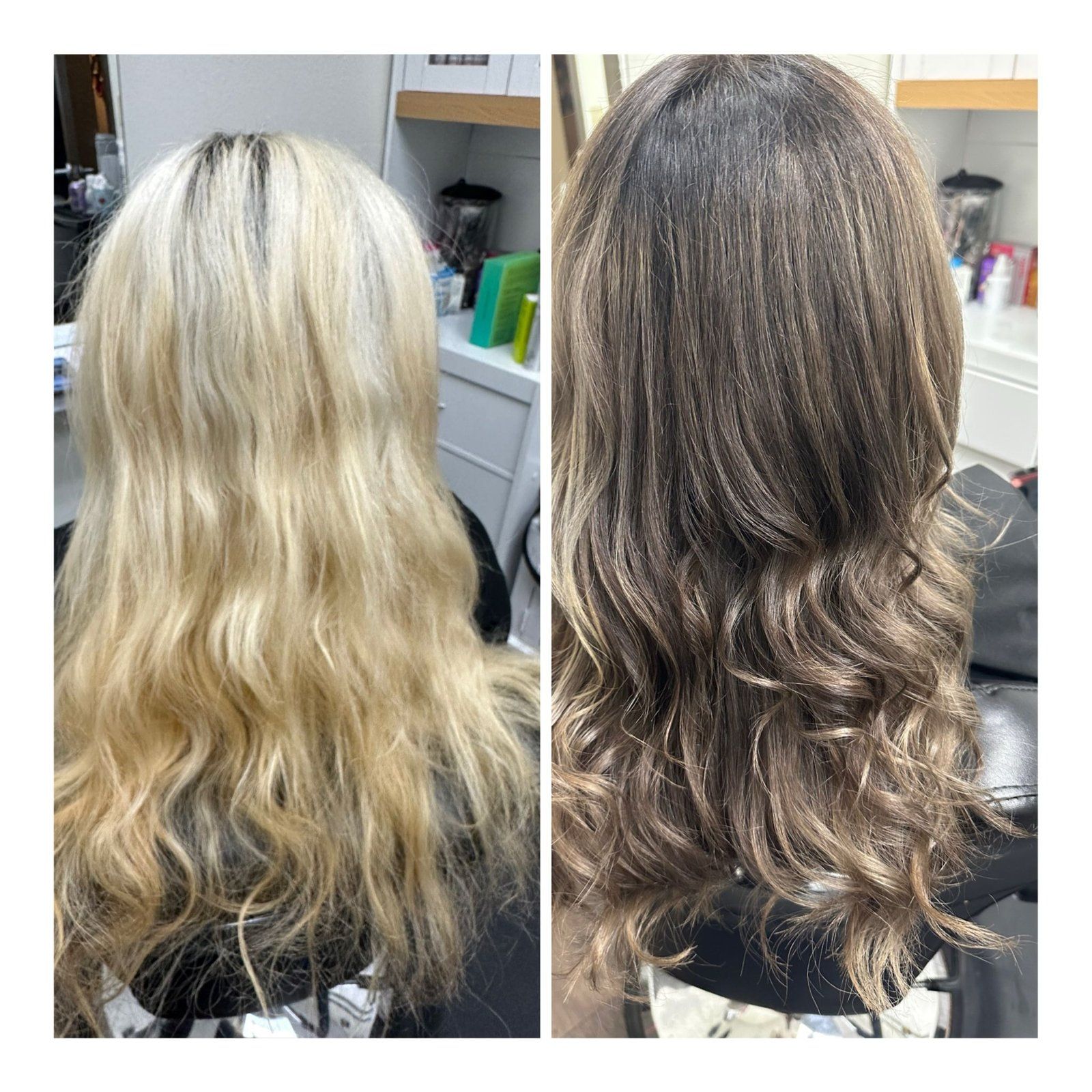 Blonde hair transformed to brown waves in a salon. Before and after showing color change.
