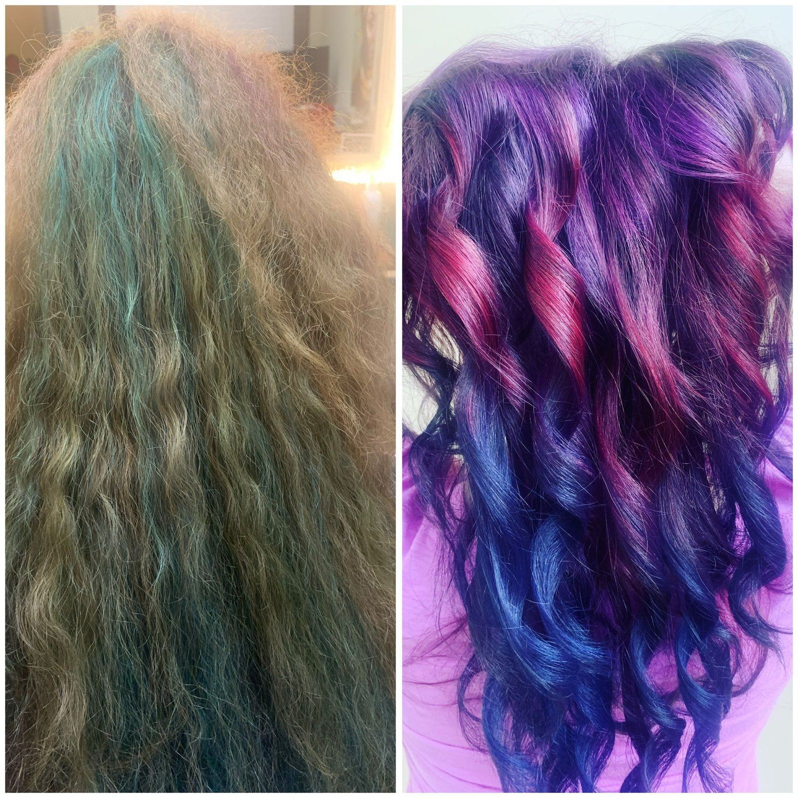 Before and after of hair colored teal to purple, red, and blue.