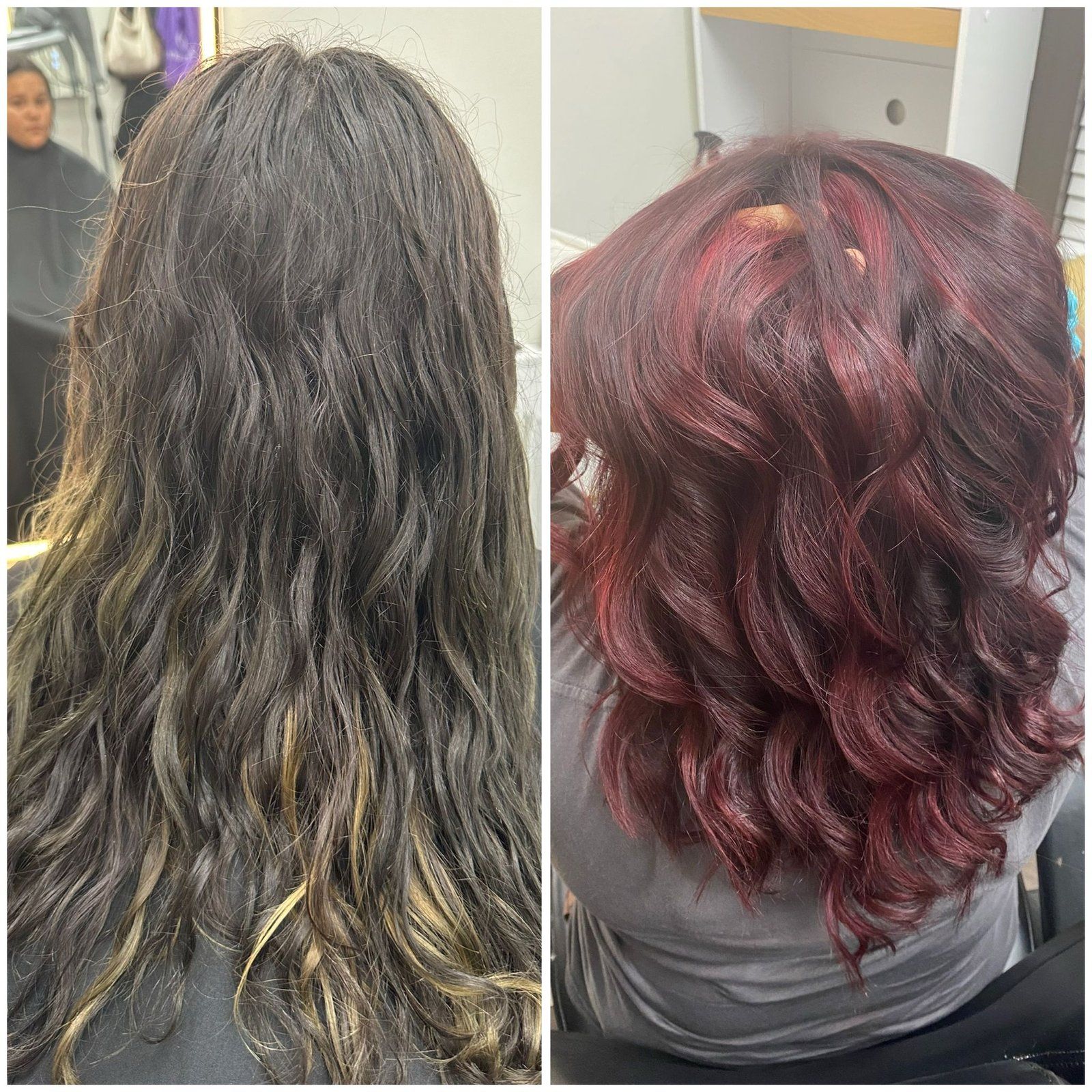 Before and after of hair: dark brown to deep red. Hair styled in loose waves.