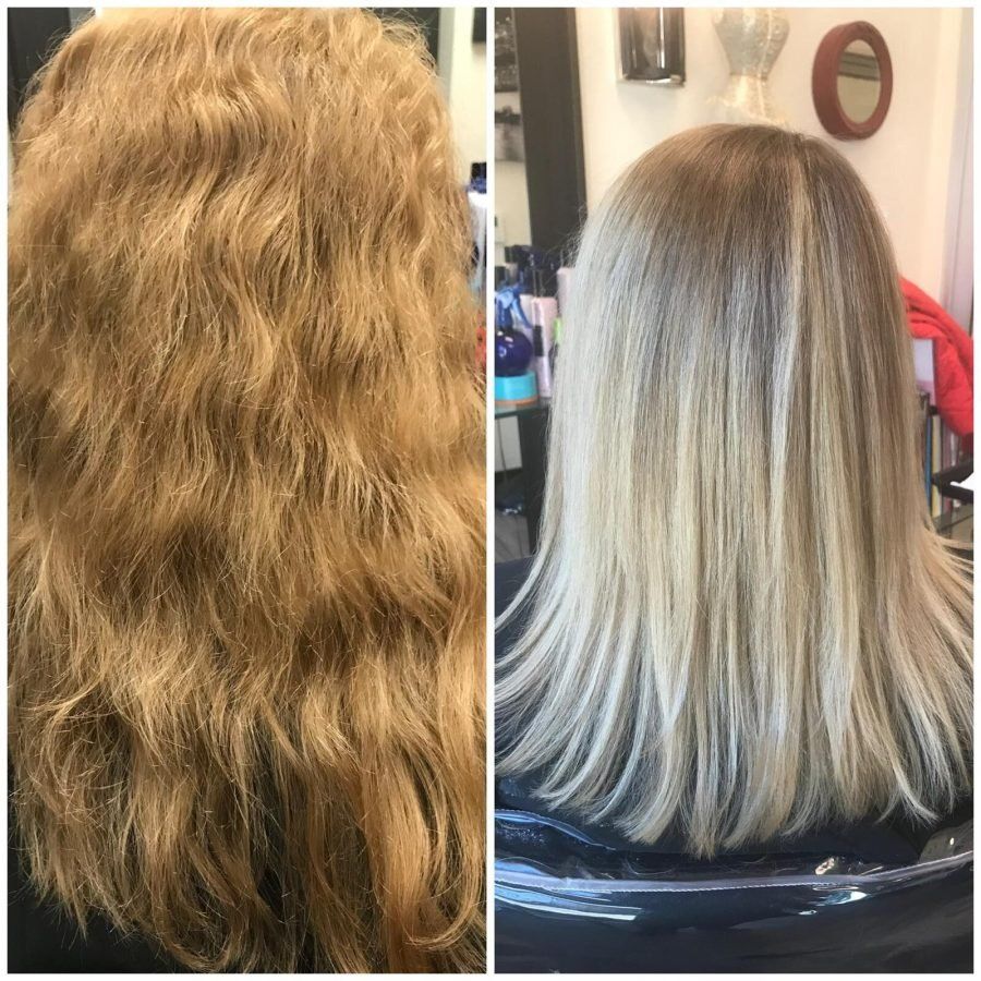 Before and after hair transformation: yellow, wavy hair to straight, blonde hair. In salon setting.