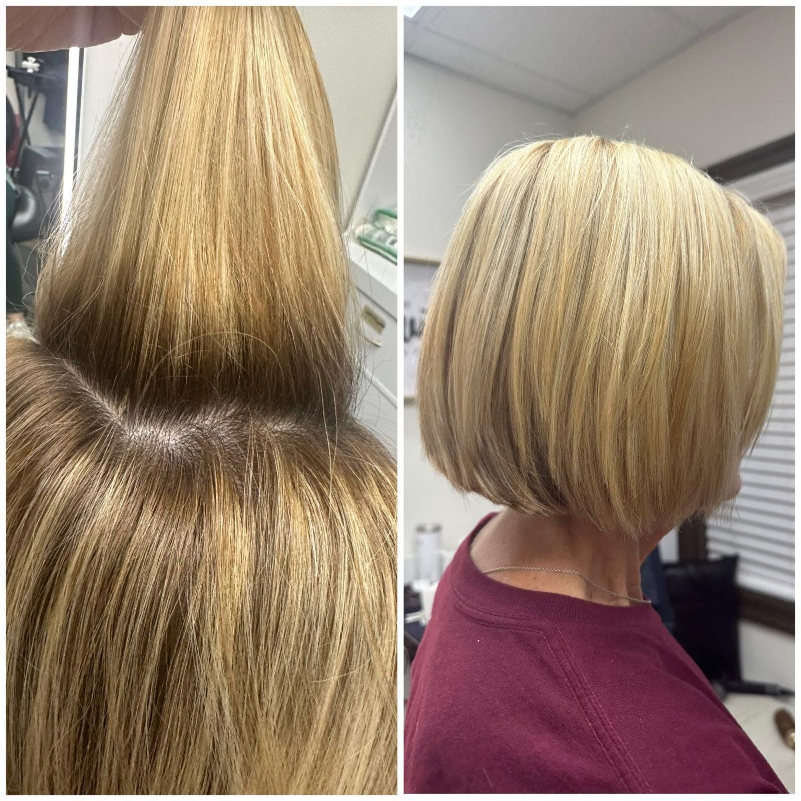 Before-and-after of blonde hair. Long hair at the roots transforms into a short, layered bob.