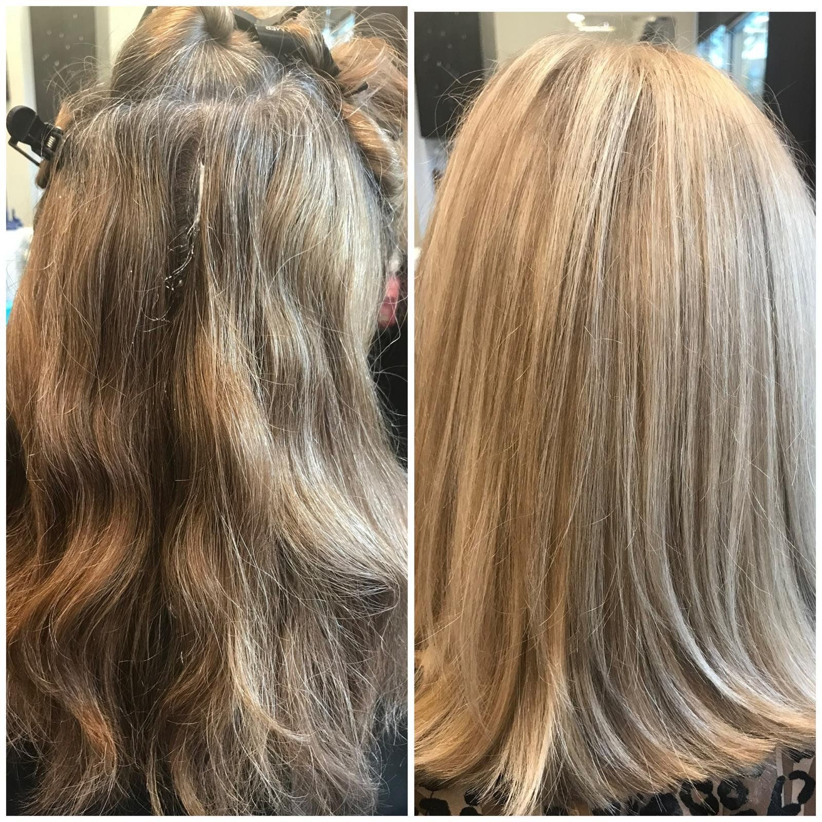 Hair transformation: before and after shots showing gray hair being dyed light blonde.