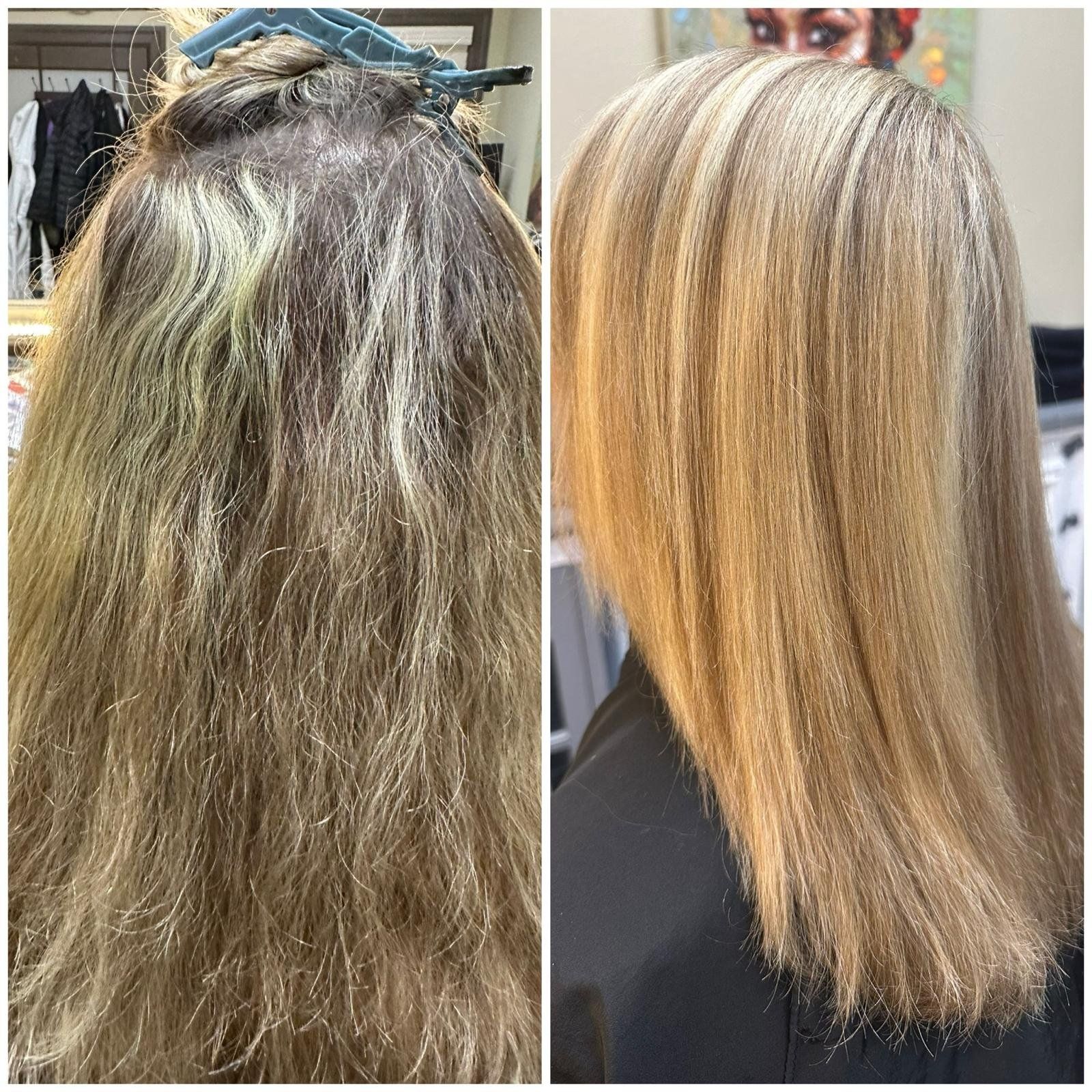 Hair before and after transformation: blonde with highlights, styled sleek.