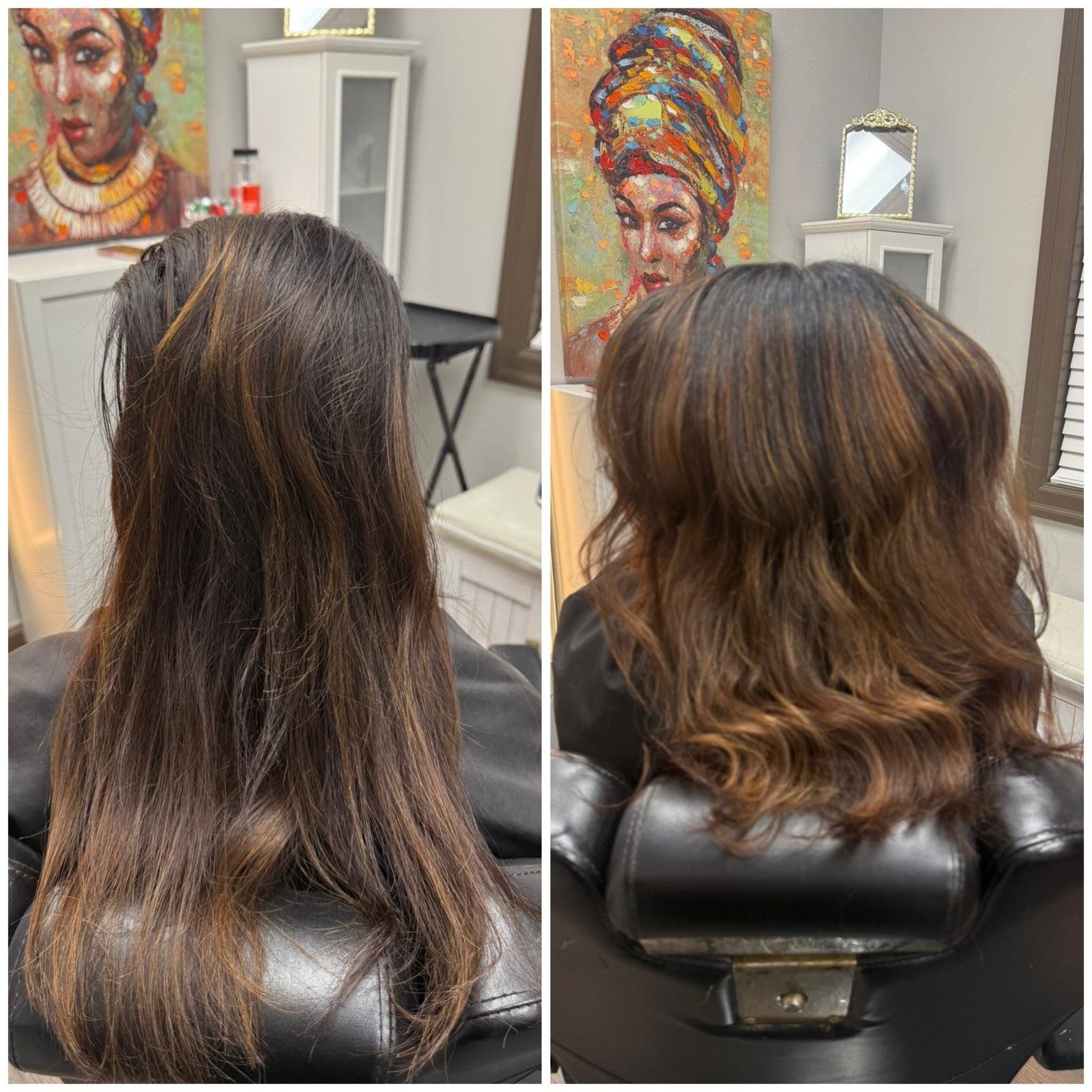Before and after hair coloring. Dark hair transformed with brown highlights. Salon setting, artistic paintings on the walls.