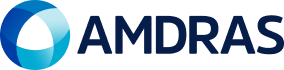 Logo of Amdras. The logo contains a blue circle with three white petal shapes, and the word AMDAS in blue text.
