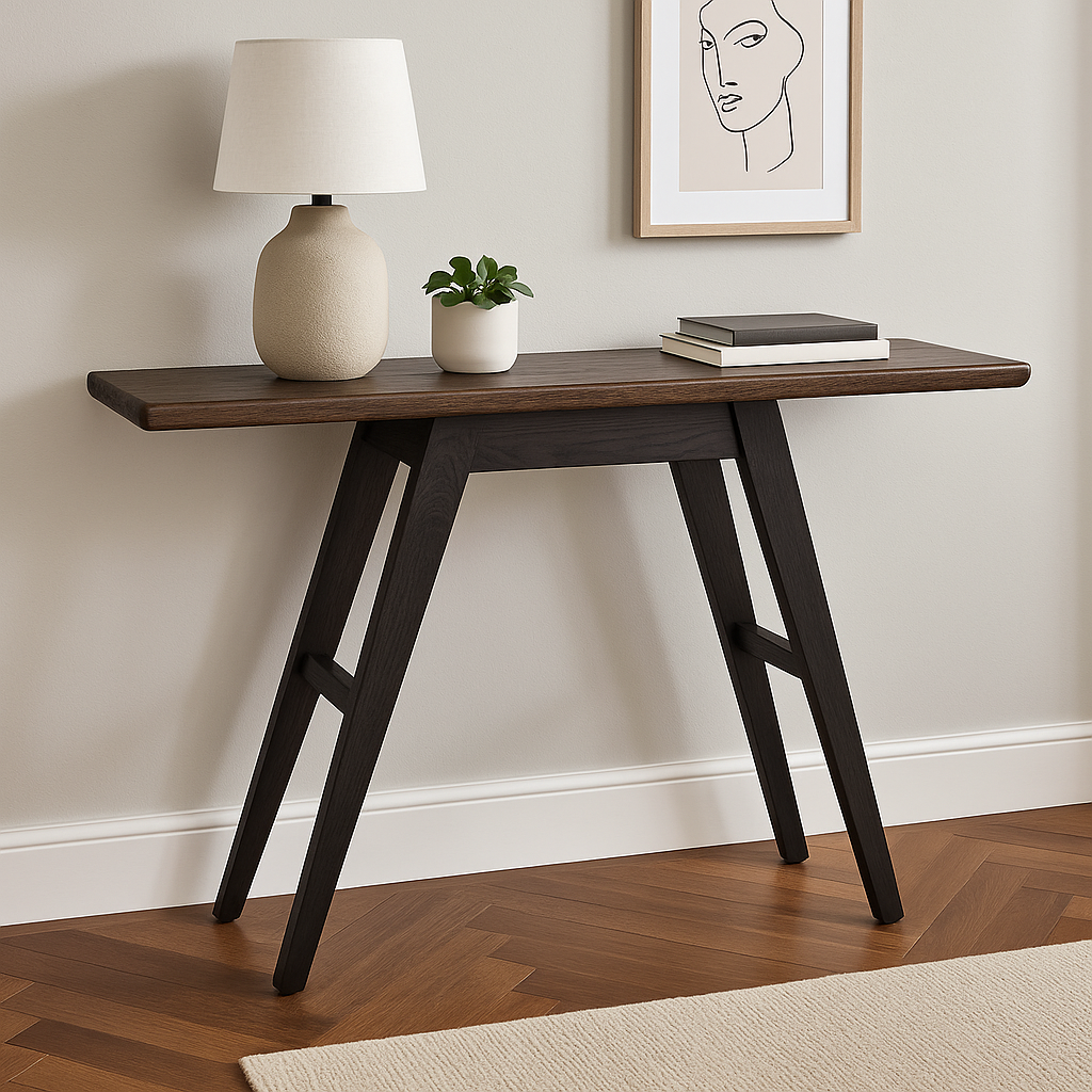 Blue and wood wine rack on a workbench with shelves of wood in background.