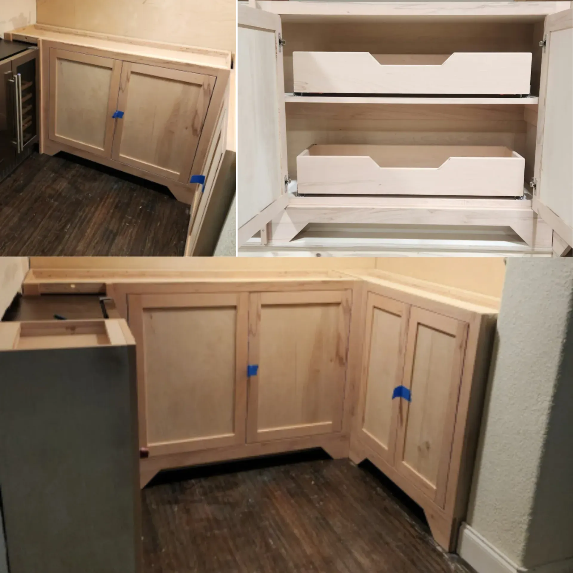 Wooden cabinets, with doors and pull-out drawers, built into a corner.