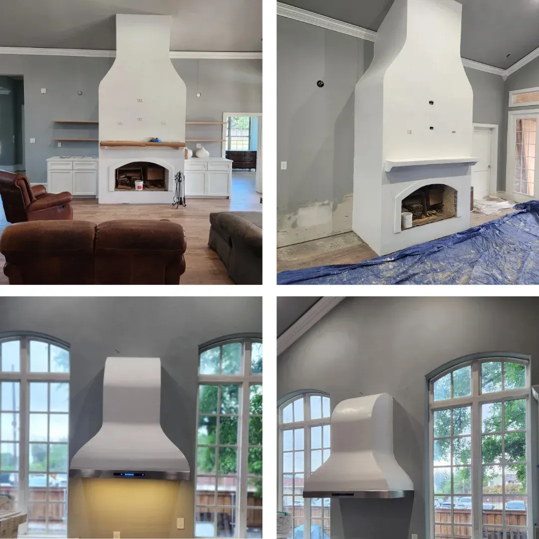 Four images of interior renovations: fireplace, range hood, and surrounding walls painted white.