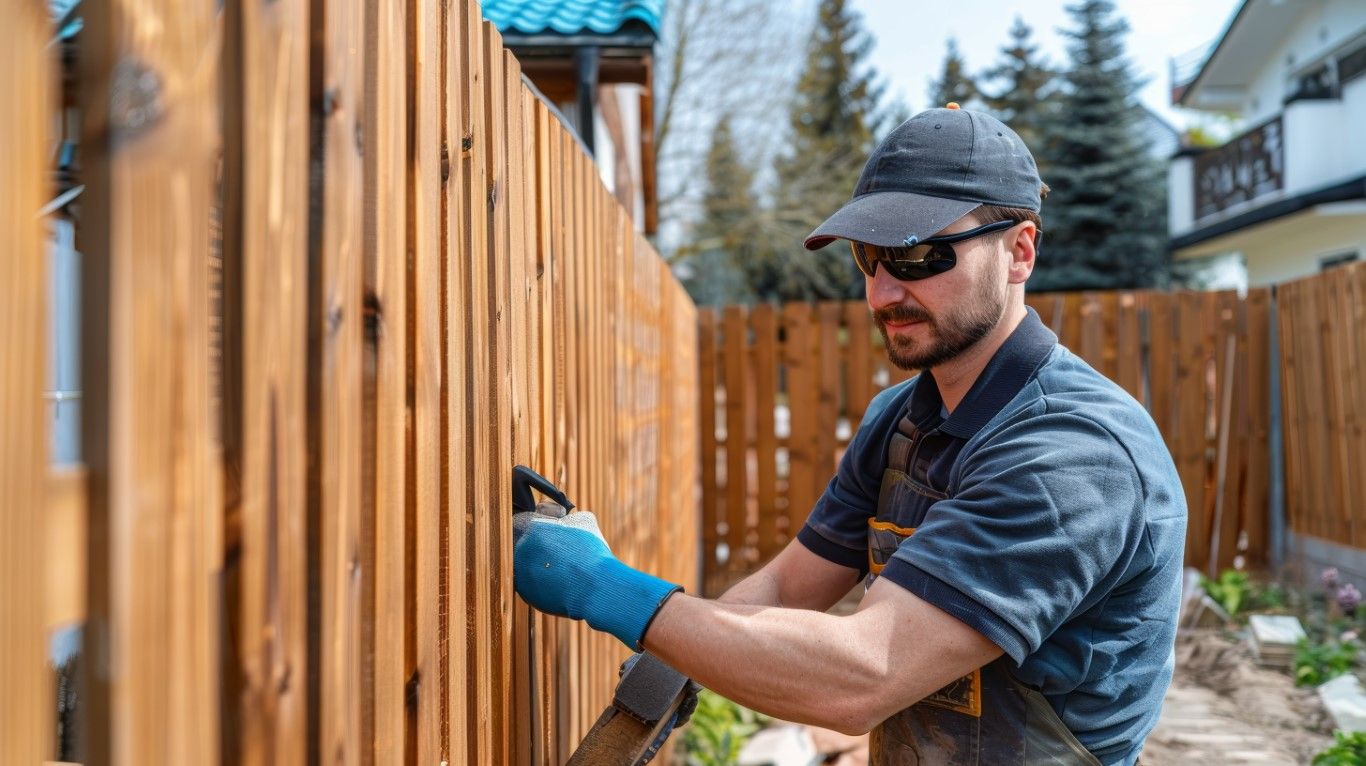 A man in a cap, sunglasses, and gloves is repairing a wooden fence outdoors.