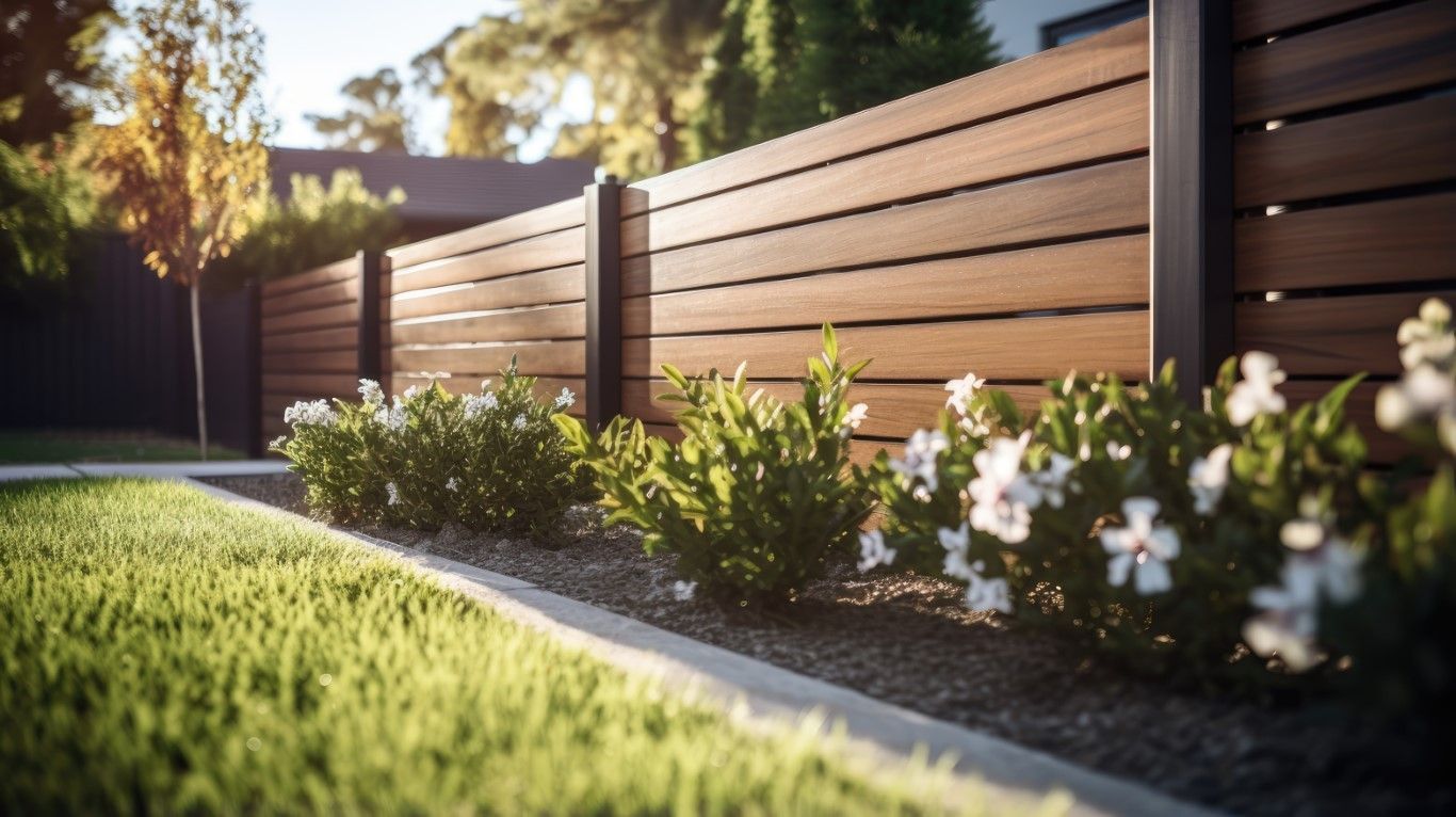 Wooden fence in backyard, framed by neatly trimmed grass and blooming white flowers.