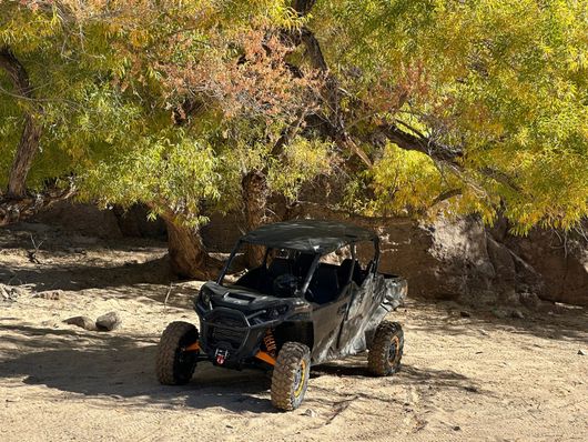 An all-terrain vehicle parked in a sandy area under vibrant yellow-leaved trees, surrounded by rocky terrain.