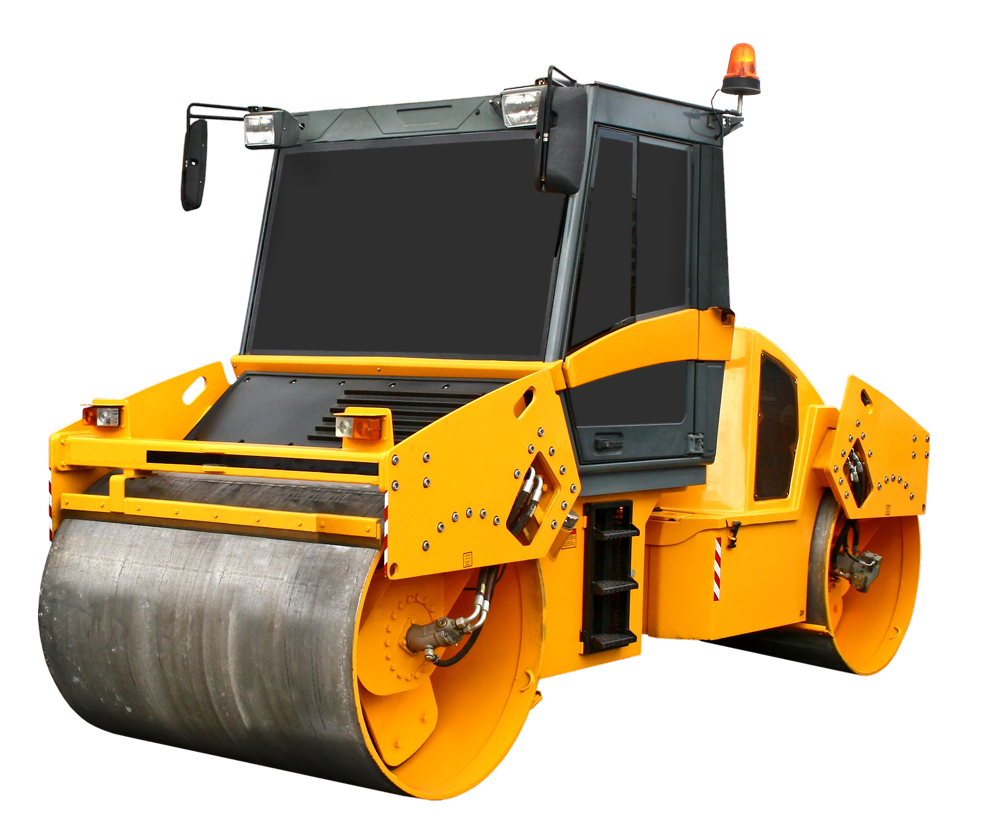 A yellow concrete roller with a black tire on a white background