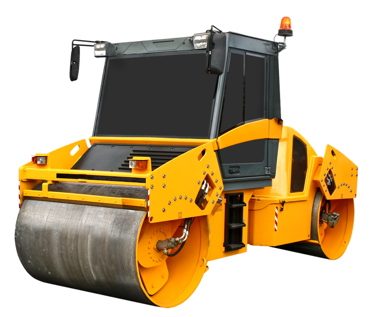 A yellow concrete roller with a black tire on a white background