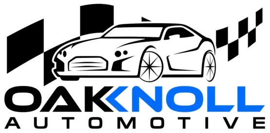 Logo for Oak Knoll Automotive: a white car outline above the name in black and blue text. Checkerboard and black shapes in background.