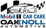 Logo for Oak Knoll Automotive: a white car outline above the name in black and blue text. Checkerboard and black shapes in background.