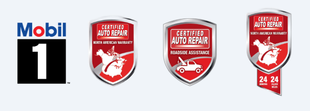 A Mobil 1 logo next to three Certified Auto Repair red shields indicating services, roadside assistance, and warranties.
