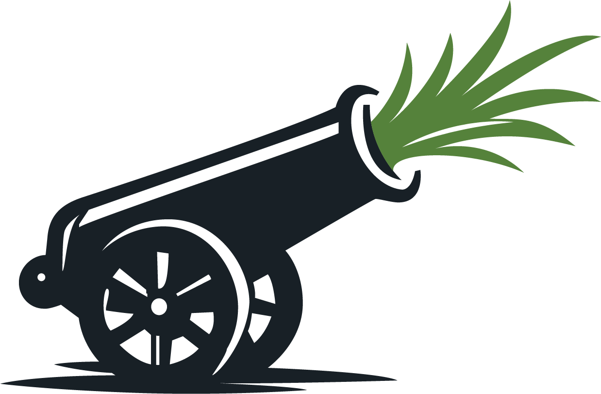 Black cannon with green foliage firing from the barrel, isolated on white background