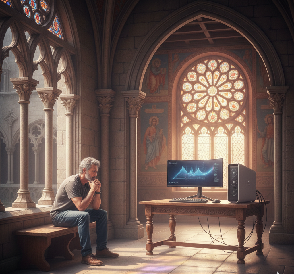 Pessoa e um computar dentro de uma igreja da tecnologia