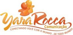 Logotipo da Yara Rocca Comunicação, em laranja e amarelo, com ícone de pessoas se conectando e texto em português.