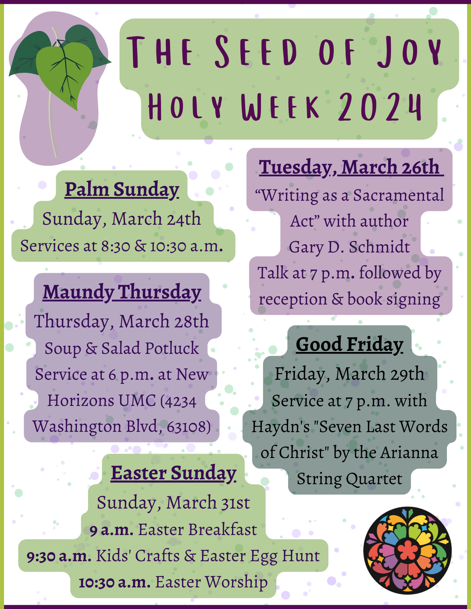 The Seed of Joy
Holy Week 2024
Palm Sunday
March 24th
Services at 8:30 & 10:30am
Tuesday, March 24th
