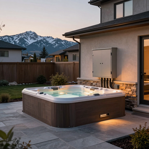 Backyard hot tub glowing at dusk beside a modern house, with mountains in the background.