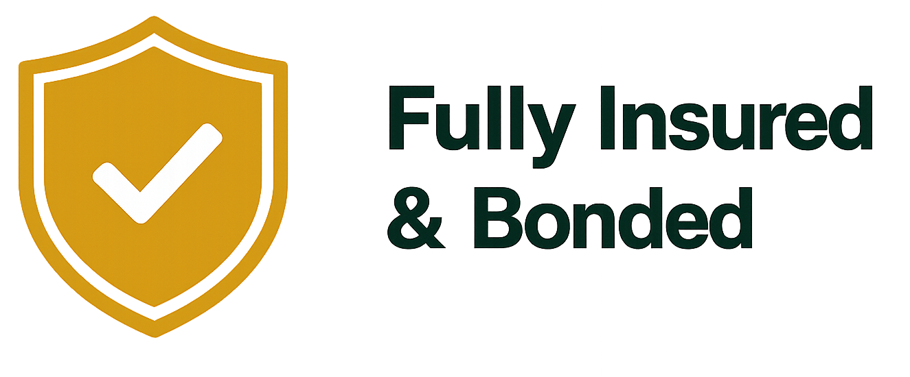 Gold shield icon with checkmark and text “Fully Insured & Bonded”