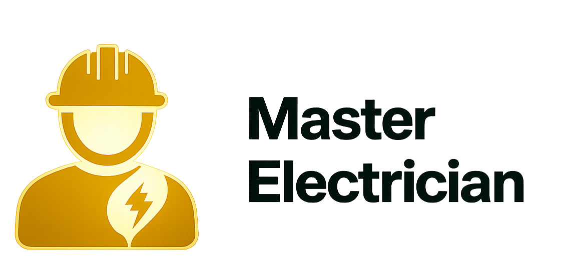 Yellow electrician icon with hard hat and lightning bolt next to “Master Electrician” text