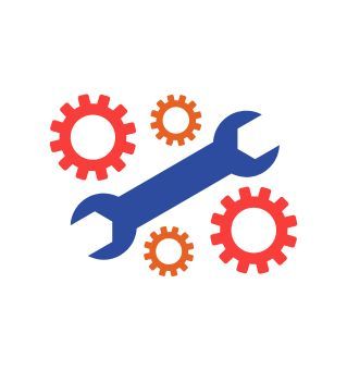 A wrench and gears icon on a white background.