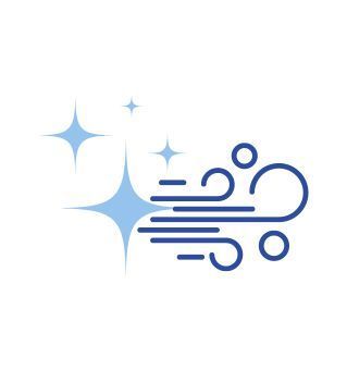A blue icon of a wind blowing with stars in the background.