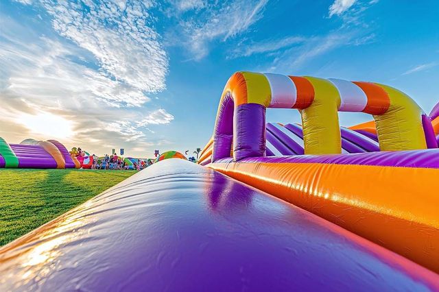 Outdoor party setup with colorful slide, tables, chairs, and decorations for rental.
