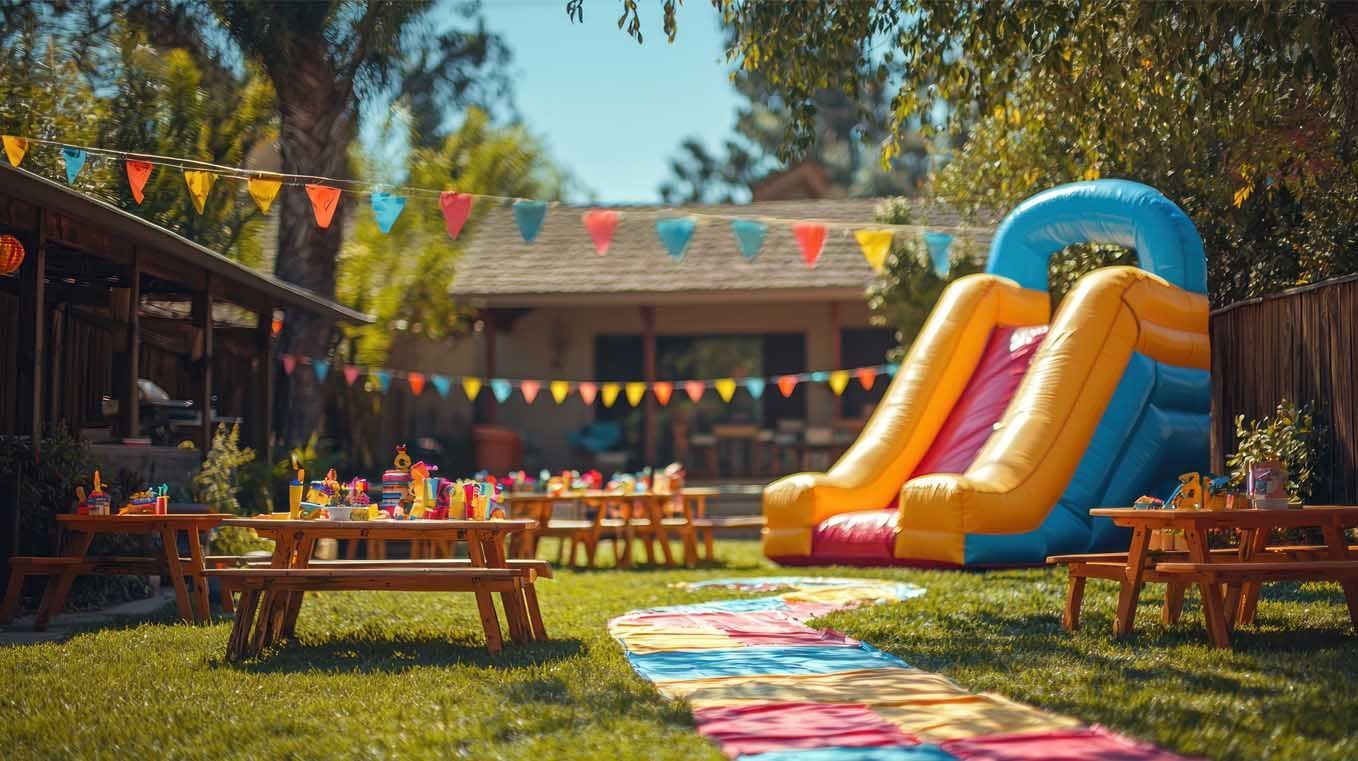 Outdoor party setup with inflatable slide, picnic tables, and colorful decorations.