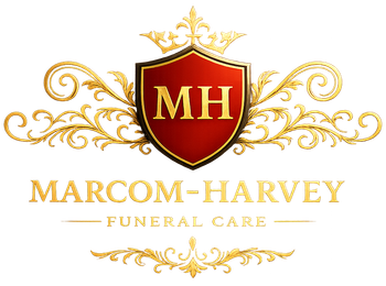 Logo for Marcom-Harvey Funeral Care featuring a red shield with "MH" and gold decorative elements.