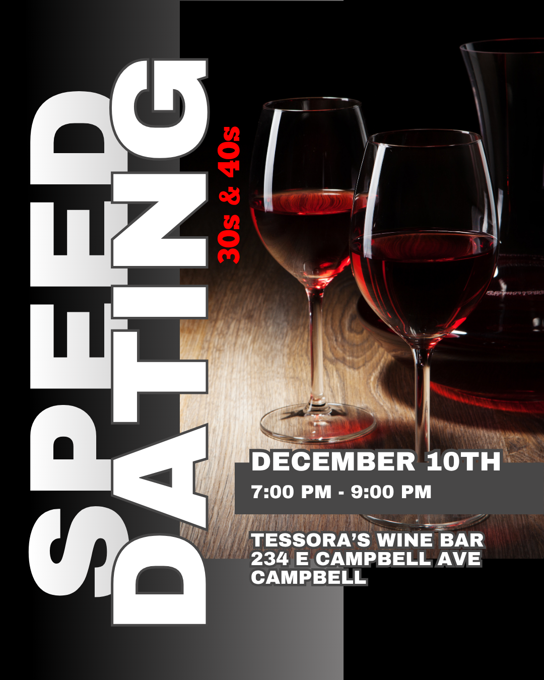 Speed dating event flyer: Wine glasses, event details (date/time, location) for 30s & 40s.