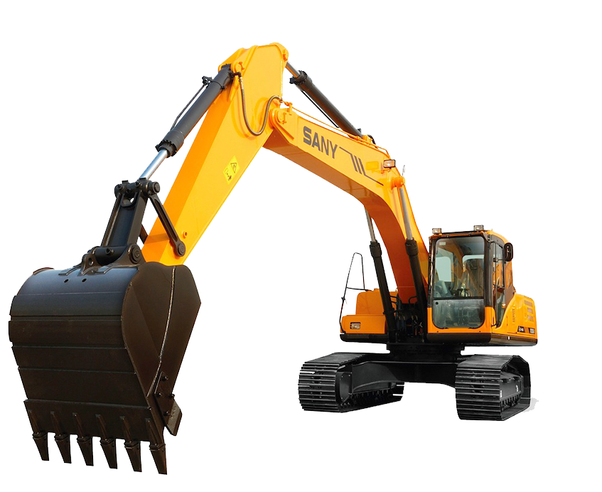 Yellow and black excavator with a raised bucket, on a white background.