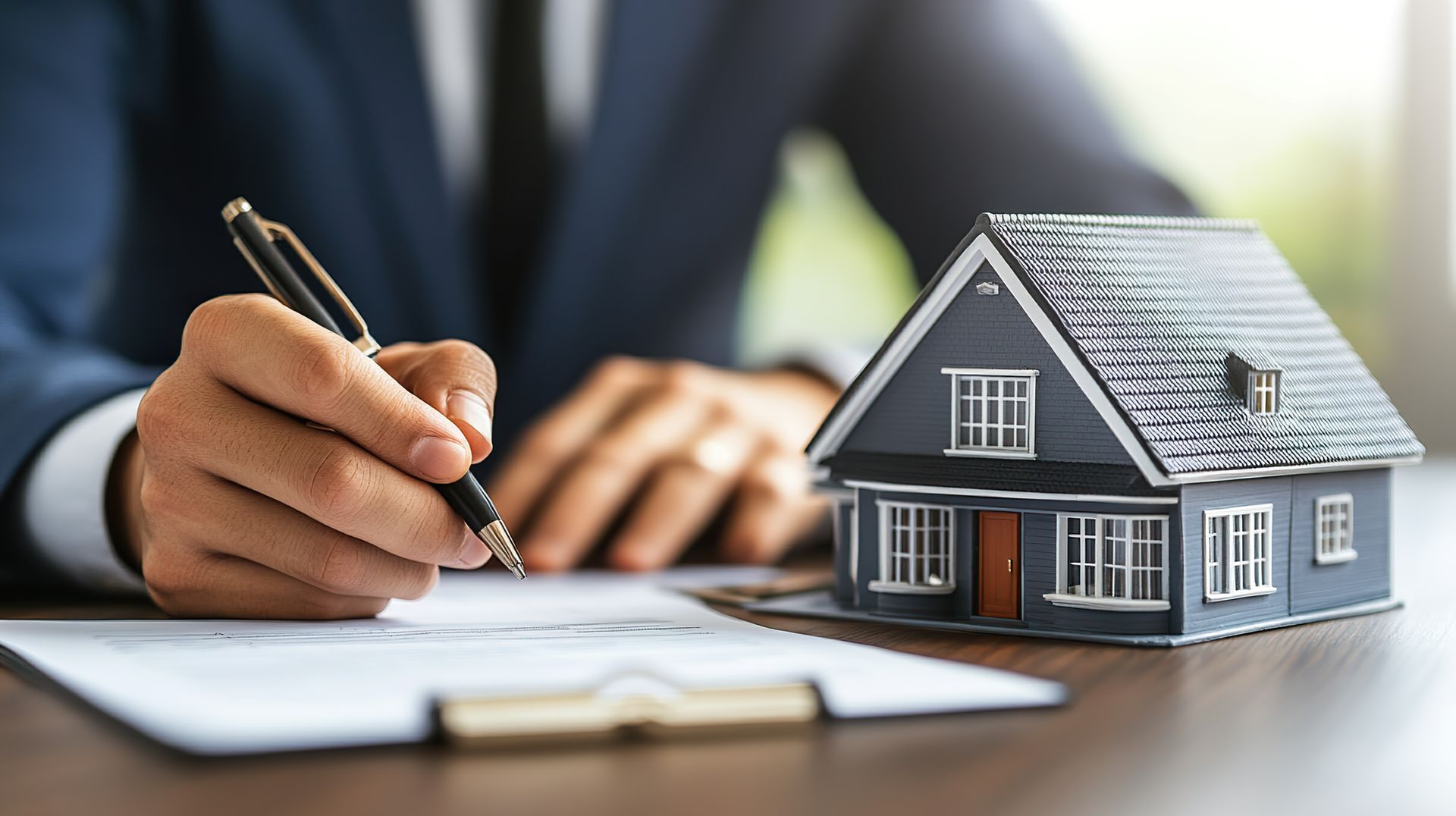 Person signing documents next to a small model house on a desk.