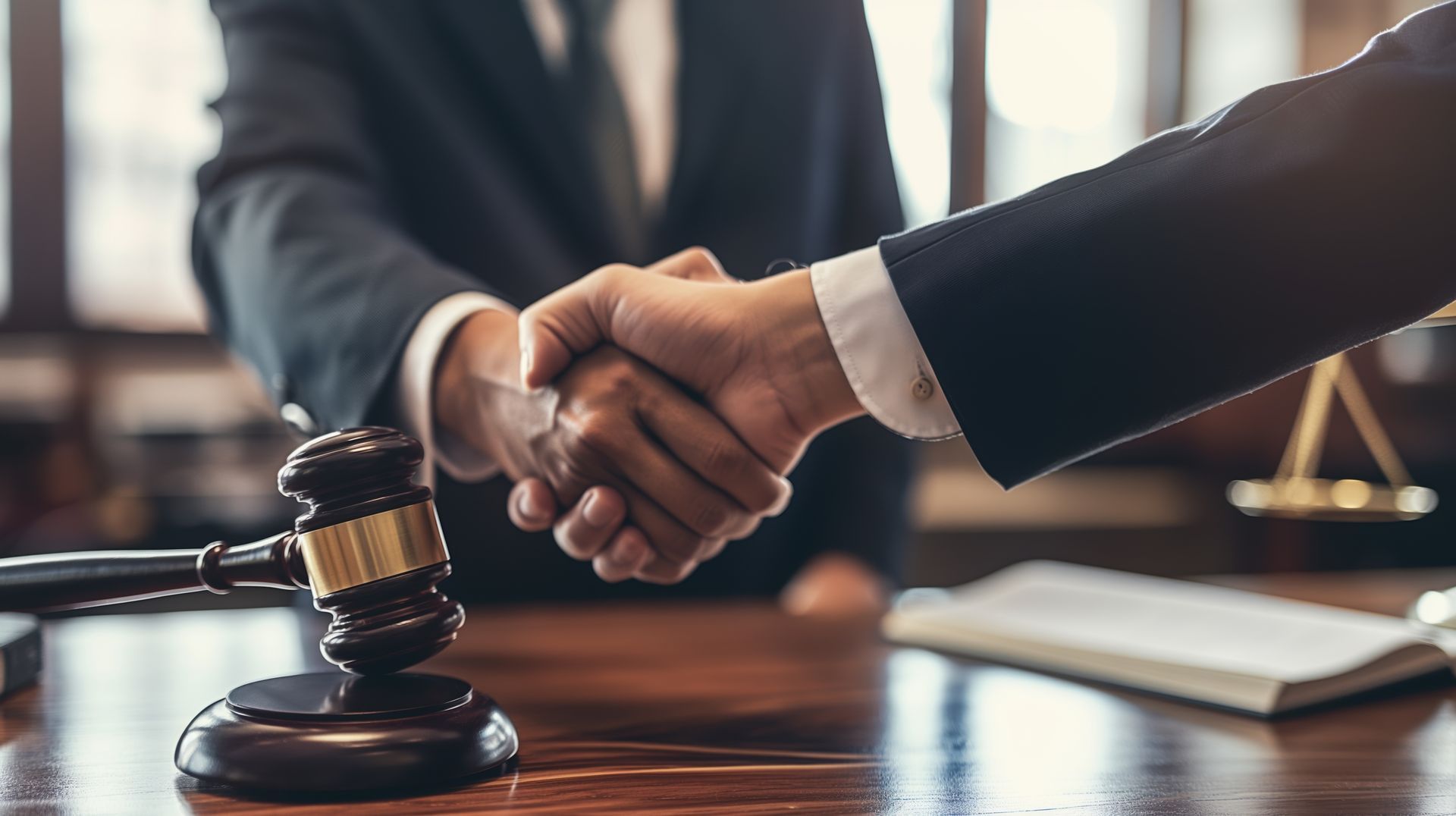 Two people in suits shaking hands near a gavel in a courtroom setting. Two people in suits shaking hands near a gavel in a courtroom setting.