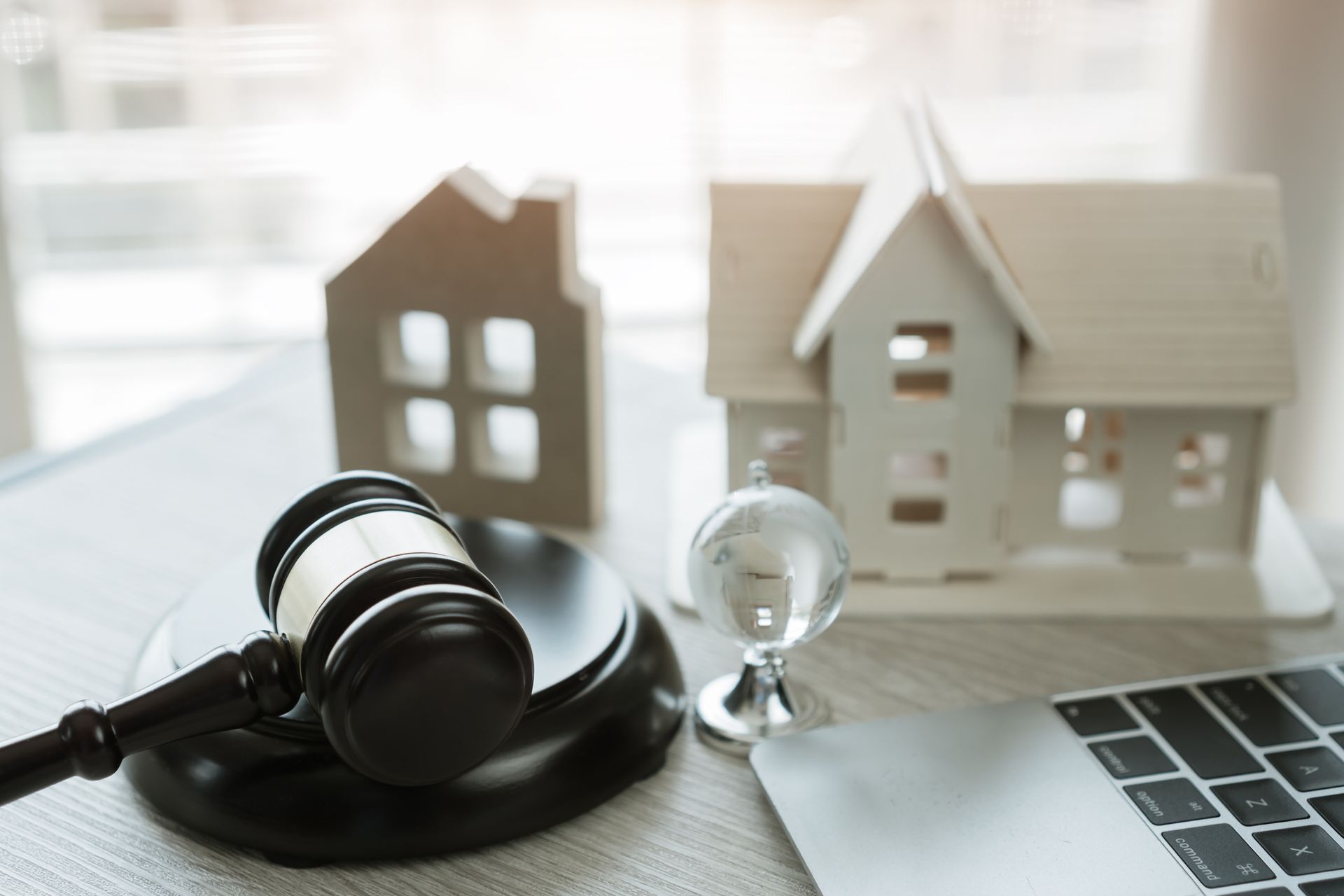 A judge 's gavel is sitting on a table next to a model house and a laptop.