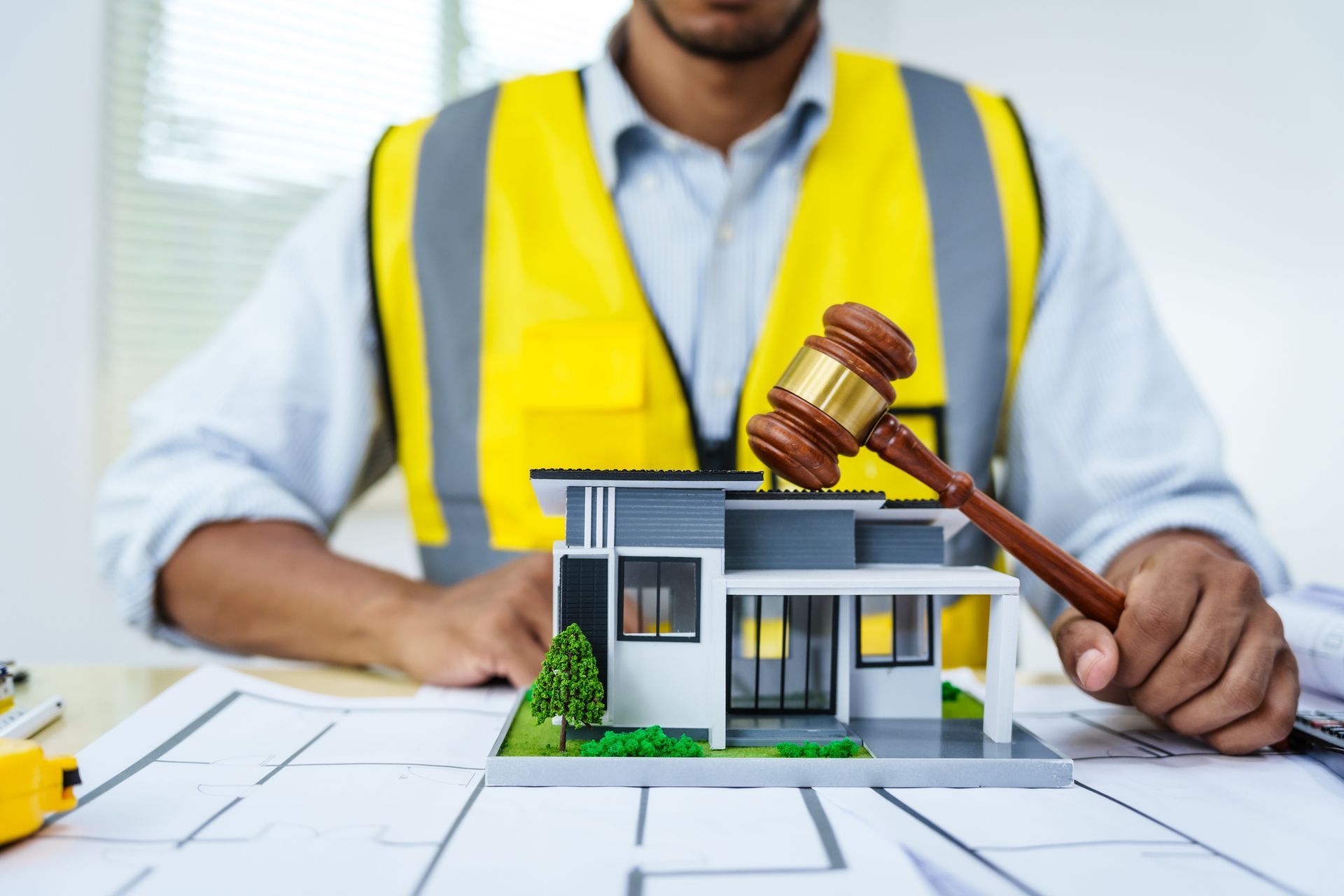 A man in a yellow vest is holding a wooden gavel over a model house.