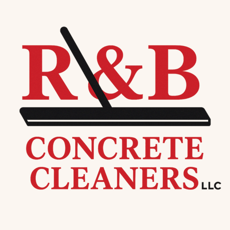 Logo for R & B Concrete Cleaners featuring a person spraying concrete inside a circular border.