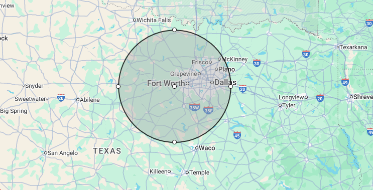 Map of Texas with a circle encompassing Dallas-Fort Worth and surrounding areas.