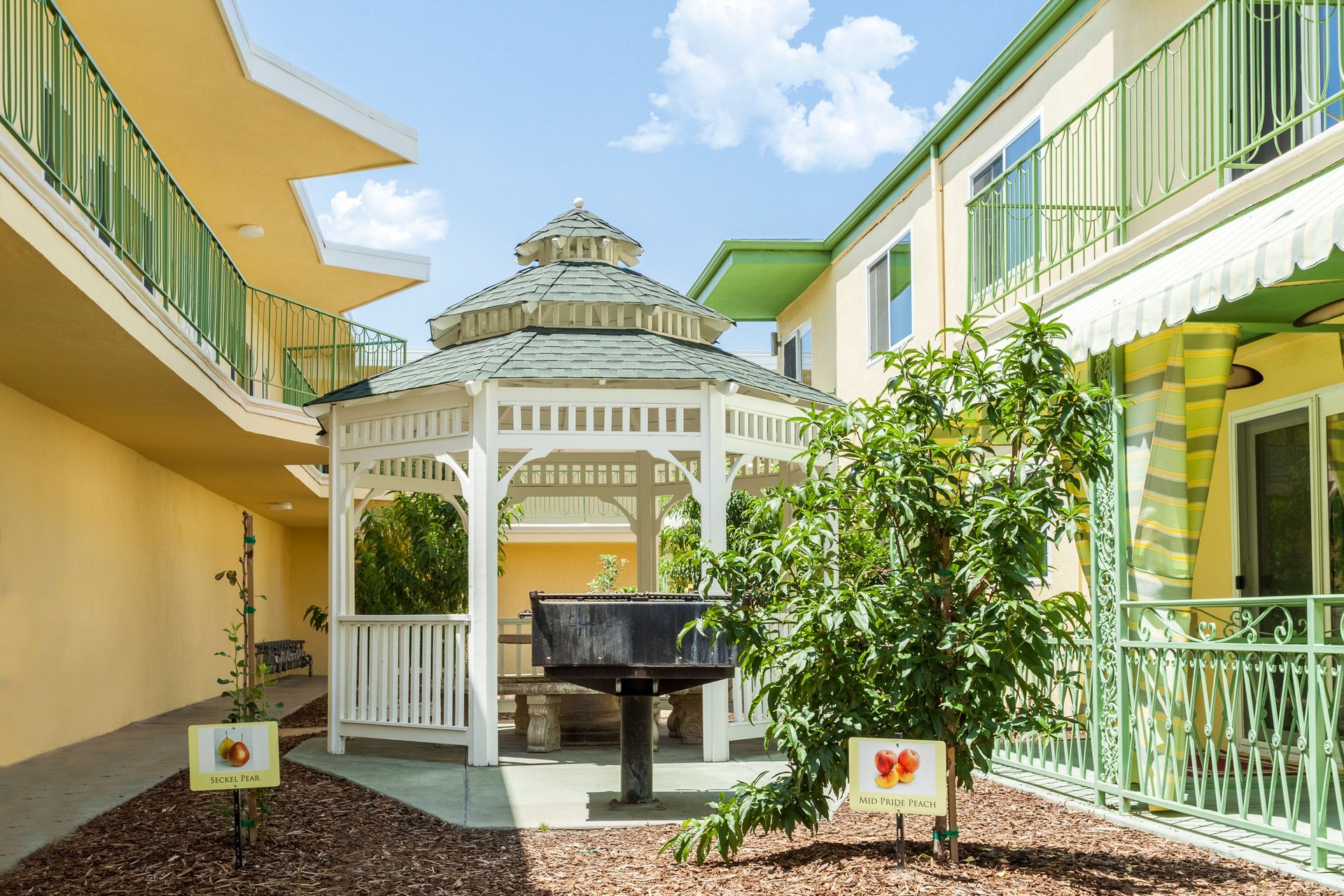 A gazebo with a grill in the middle of a courtyard between two buildings.