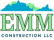 Logo for EMM Construction LLC, featuring a green and blue mountain range above the company's initials in green.