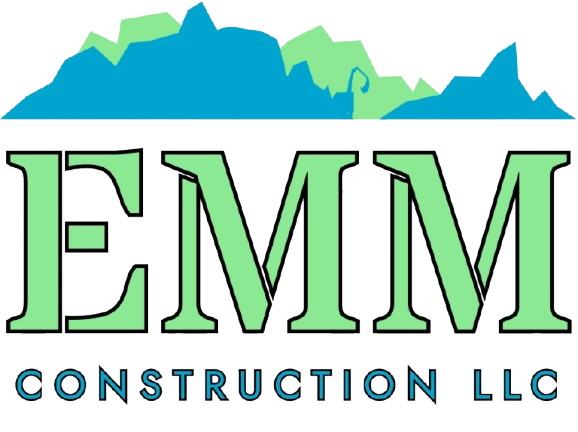 Logo for EMM Construction LLC, featuring a green and blue mountain range above the company's initials in green.