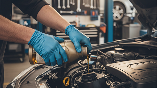 Mechanic in blue gloves inspecting a car engine in a garage | 106 St Tire and Wheel